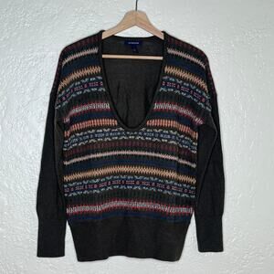 Lands' End Women' Merino Wool V-Neck Long Sleeve Brown Fair Isle Sweater Small
